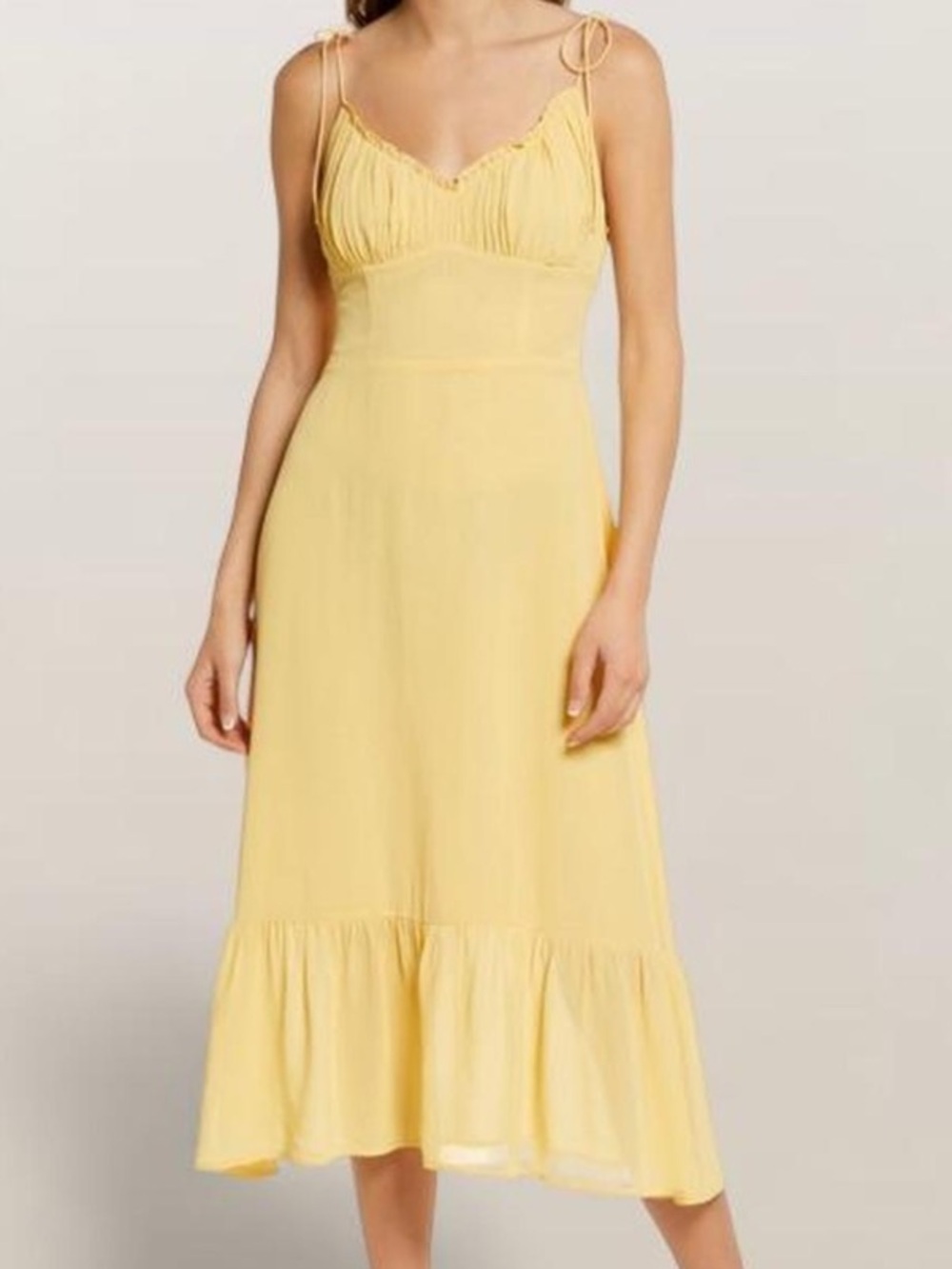 Reformation embry butter yellow chiffon sweetheart smocked midi dress sz 2